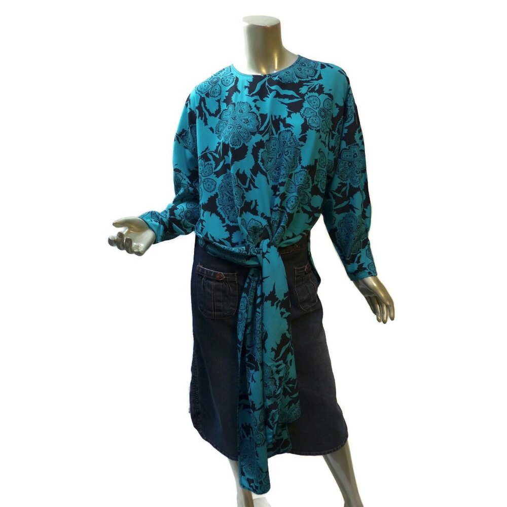 Genny (Italy) Silk Wrap Blouse Medium US 10 Teal Blue-Green Black Sash Ties